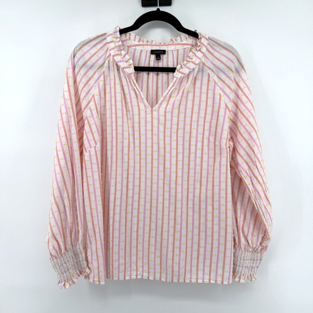 Talbots Blouse Clip Dot S Pink Womens Striped Ruffle V-Neck Smocked Cuff Top